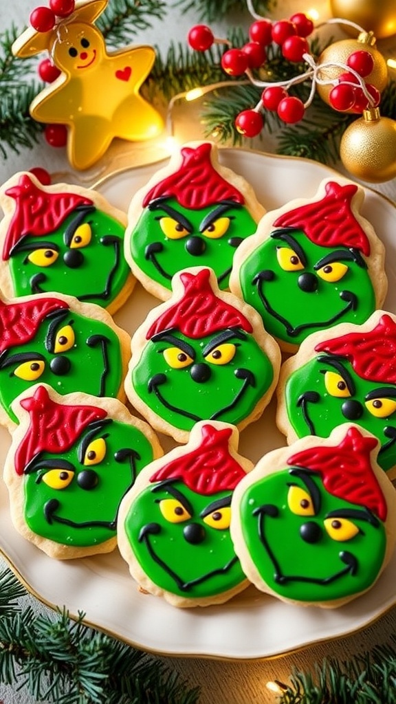 Grinch cookies with green icing and red candy hearts on a festive plate, surrounded by holiday decorations.